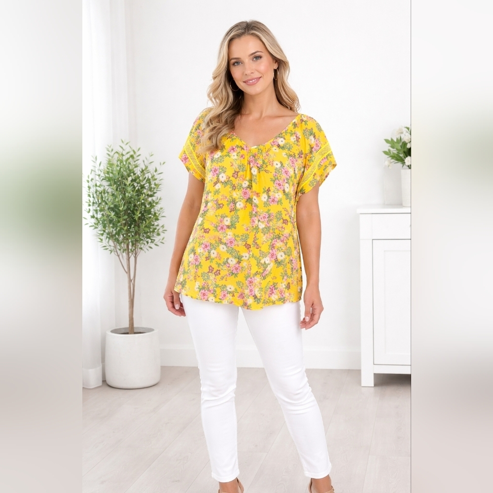 Unique Spectrum Gold Floral & Lace Ruffle Sleeve Boho Blouse sz L #1167